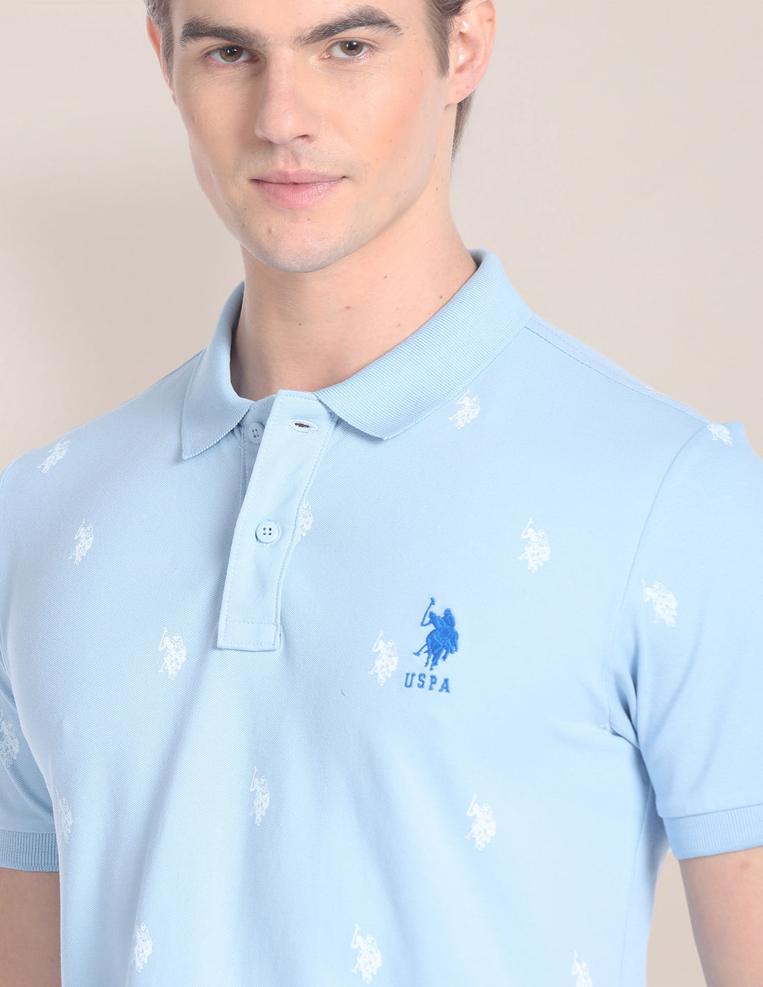 Blue Silk Jersey Polo Tee with Signature Logo Print –