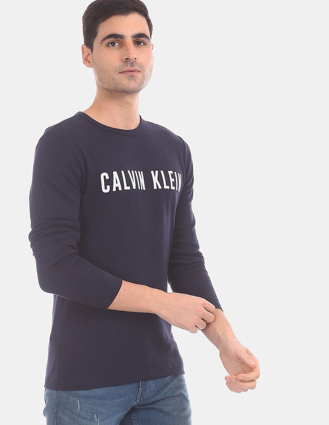 Buy Calvin Klein Men Navy Long Sleeve Round Neck Brand Print T-Shirt ...