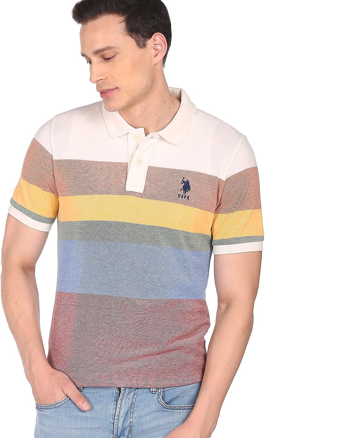 Buy U.S. Polo Assn. Men Multi Colour Cotton Horizontal Stripe Polo ...