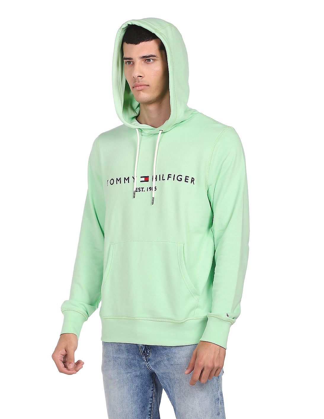 Buy Tommy Hilfiger Men Green Logo Embroidered Hooded Sweatshirt