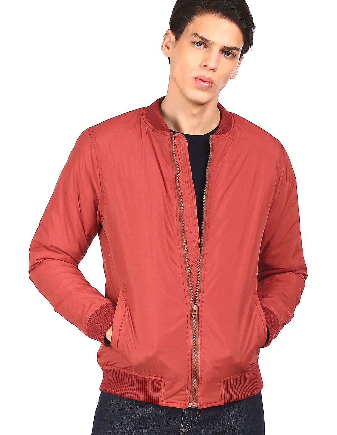 Buy Ruggers Men Red Stand Collar Nylon Bomber Jacket 