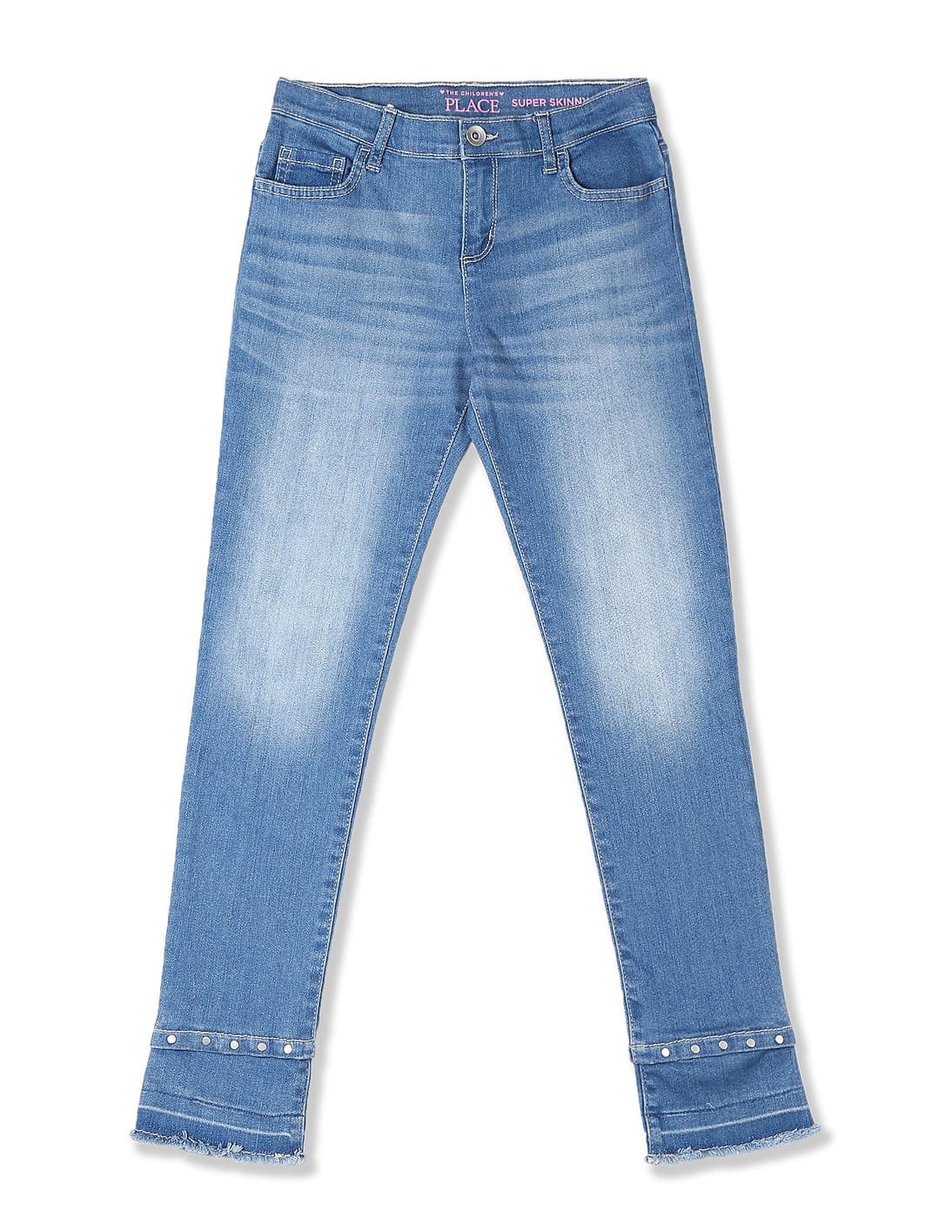Buy The Children's Place Girls Blue Stud Hem Distressed Denim Jeans