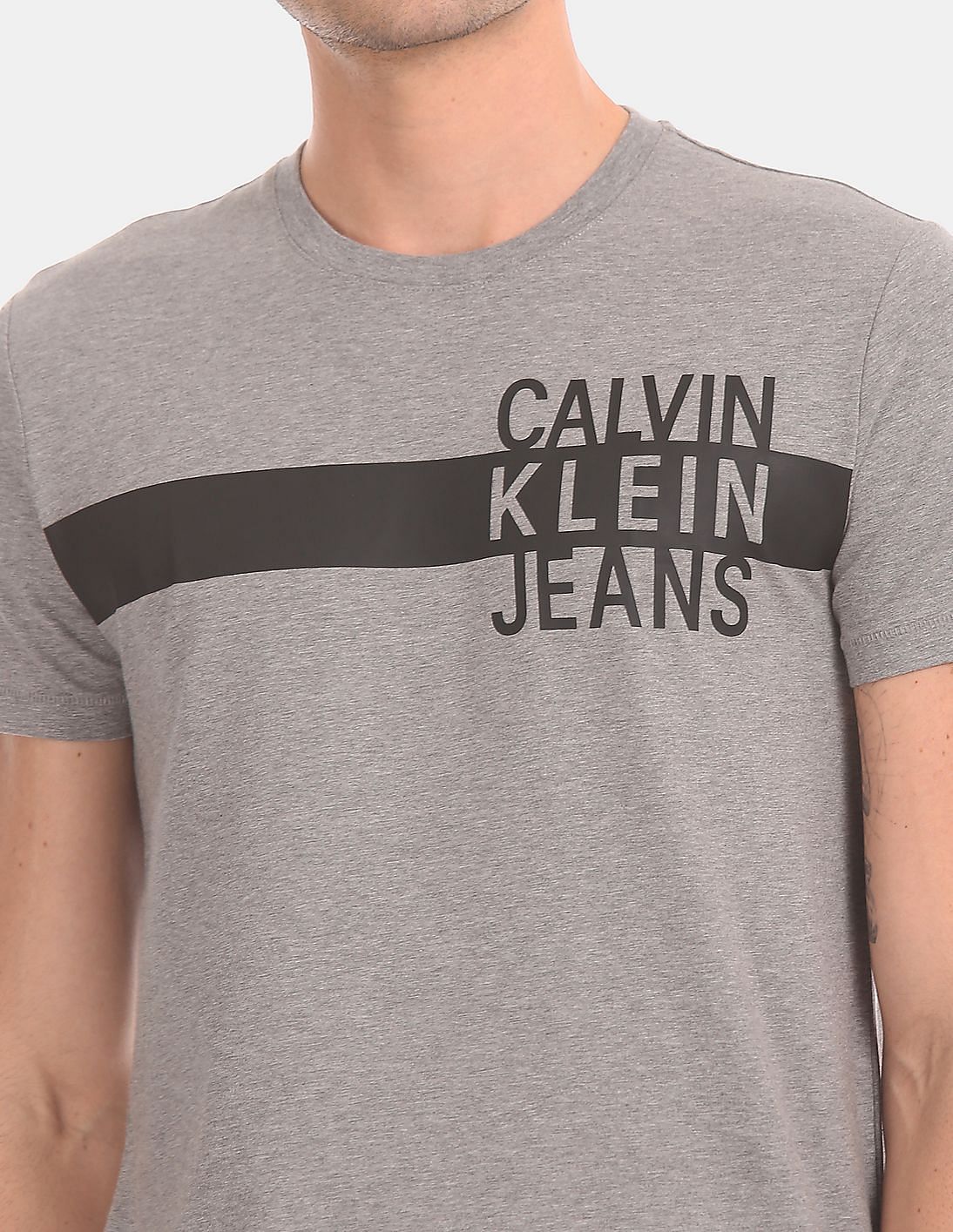 Buy Calvin Cotton Men Klein Logo Slim Stripe Grey Stretch T-Shirt