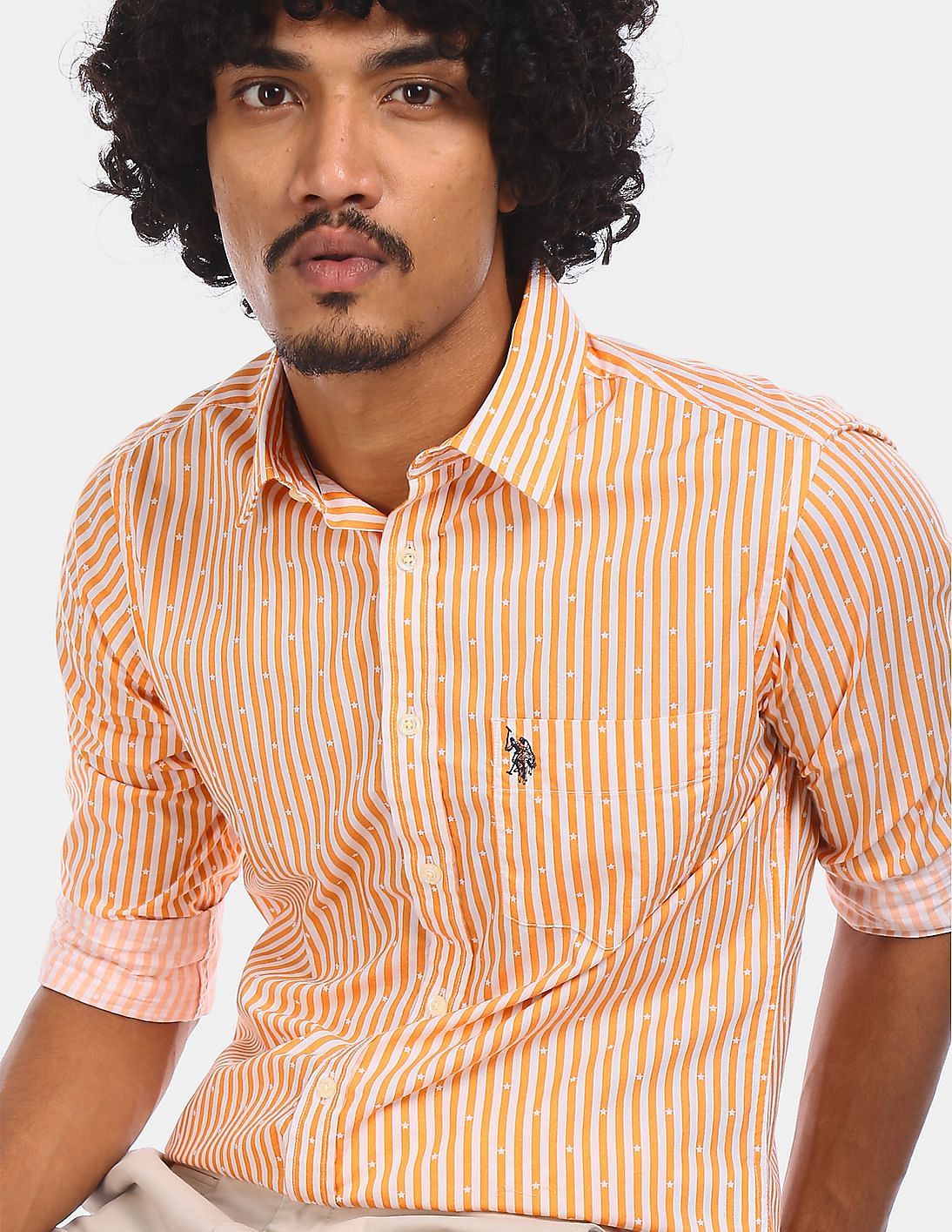 orange striped button up shirt