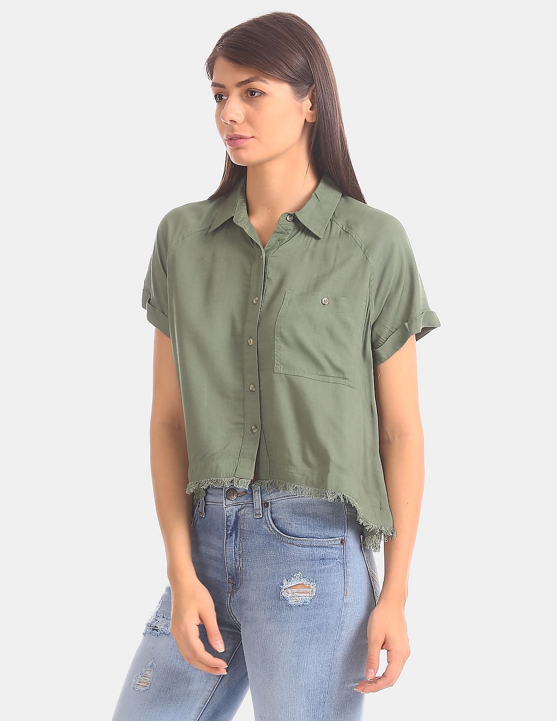 Buy Aeropostale Women Green Raw Hem Short Sleeve Shirt - NNNOW.com