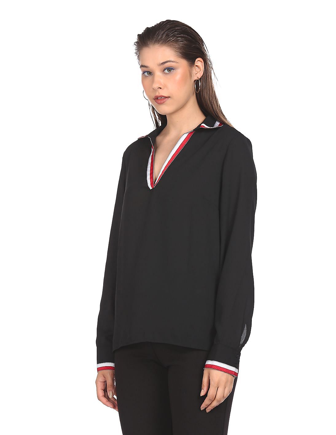 Buy Tommy Hilfiger Women Long Sleeve Spread Collar Tape Notch Striped Top Black
