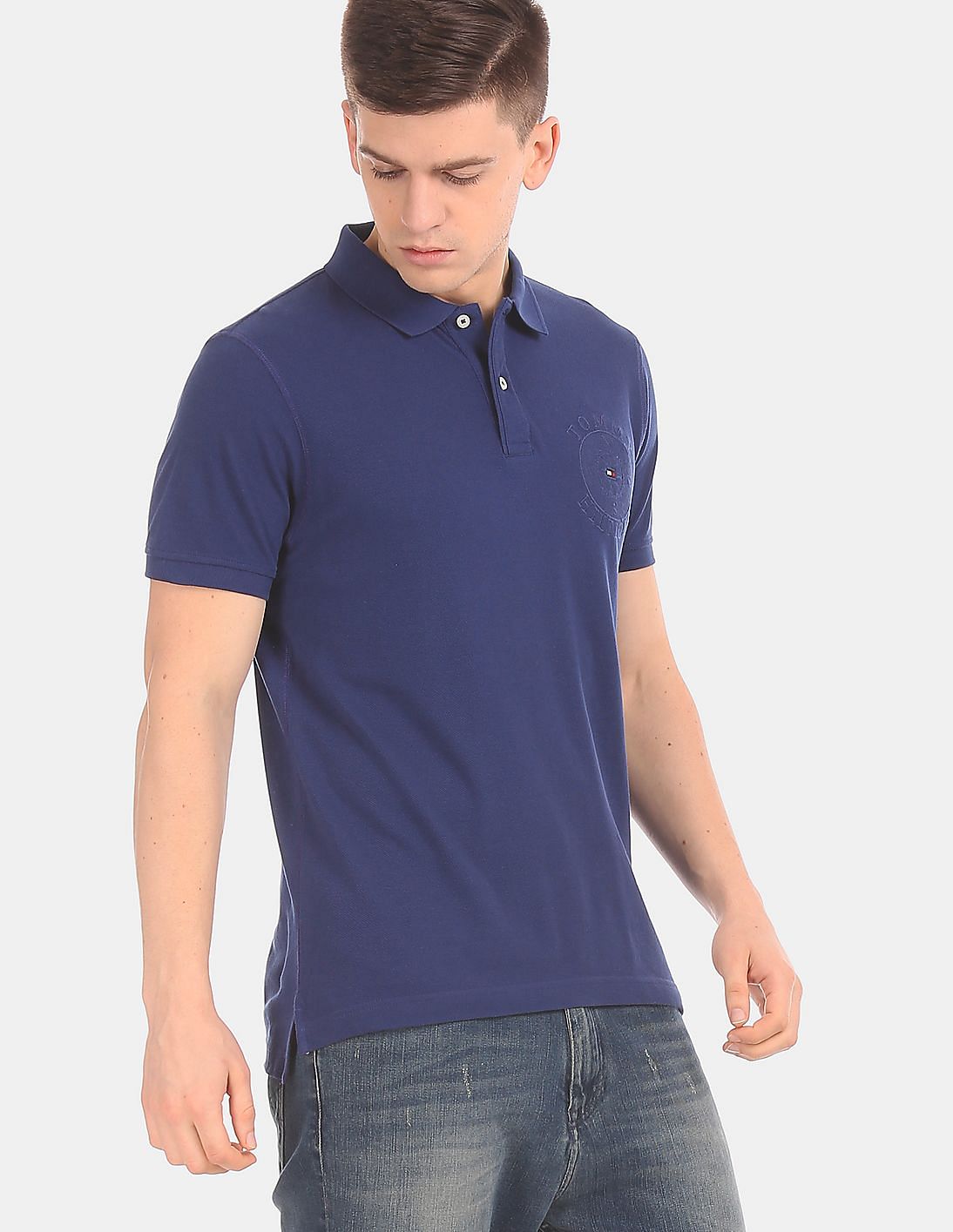Buy Tommy Hilfiger Men Blue Slim Fit Tonal Embroidered Utility Polo ...