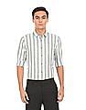 Calvin Klein Men White And Green Slim Fit Striped Smart Casual Shirt