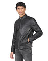 Calvin Klein Men Black Stand Neck Leather Biker Jacket