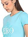 Aeropostale Women Aqua Crew Neck Brand Print T-Shirt