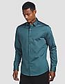 Calvin Klein Men Teal Slim Fit Satin Stretch Solid Casual Shirt