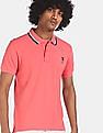U.S. Polo Assn. Men Pink Tipped Collar Cotton Solid Pique Polo Shirt